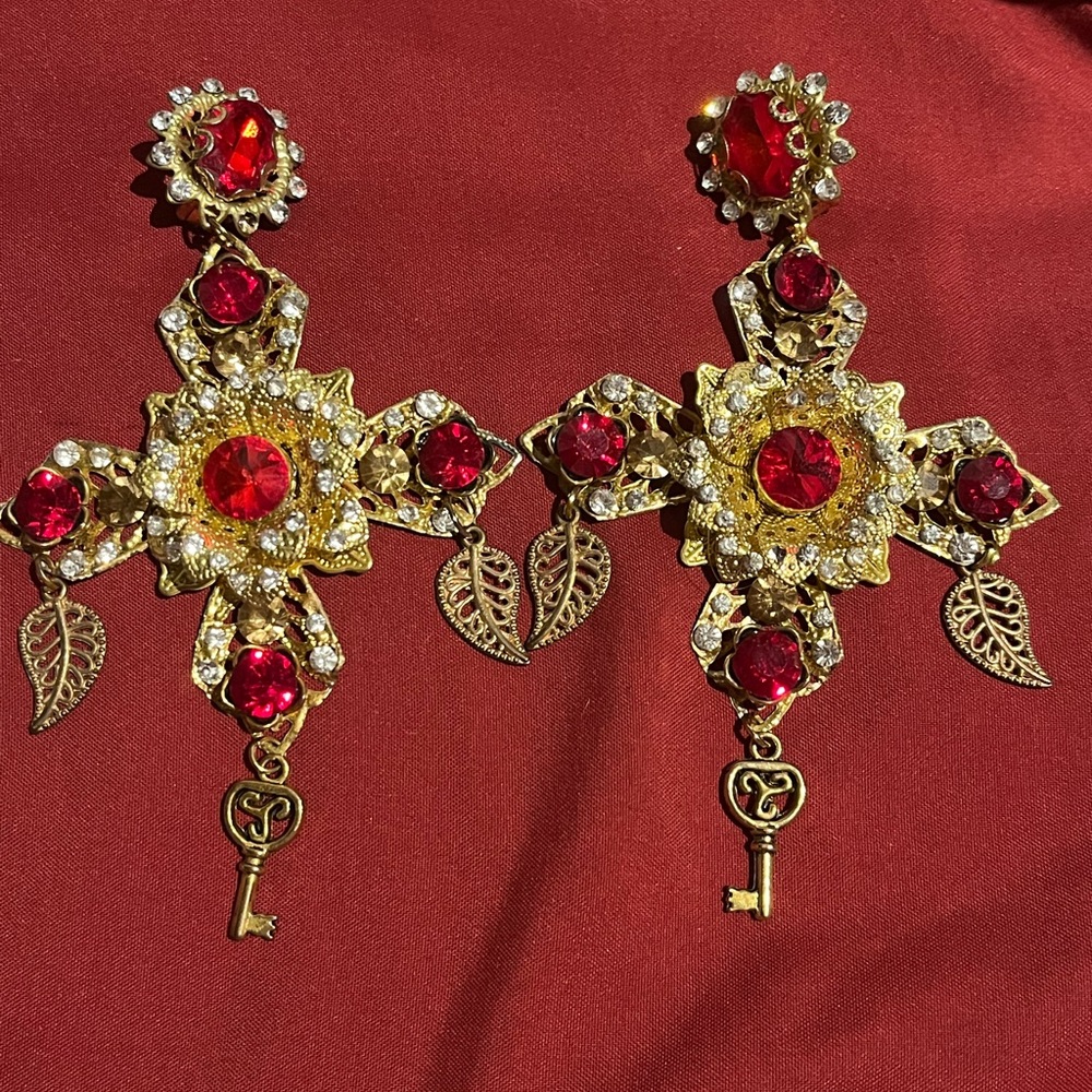 Rare Handmade Baroque Clip On Cross Earrings